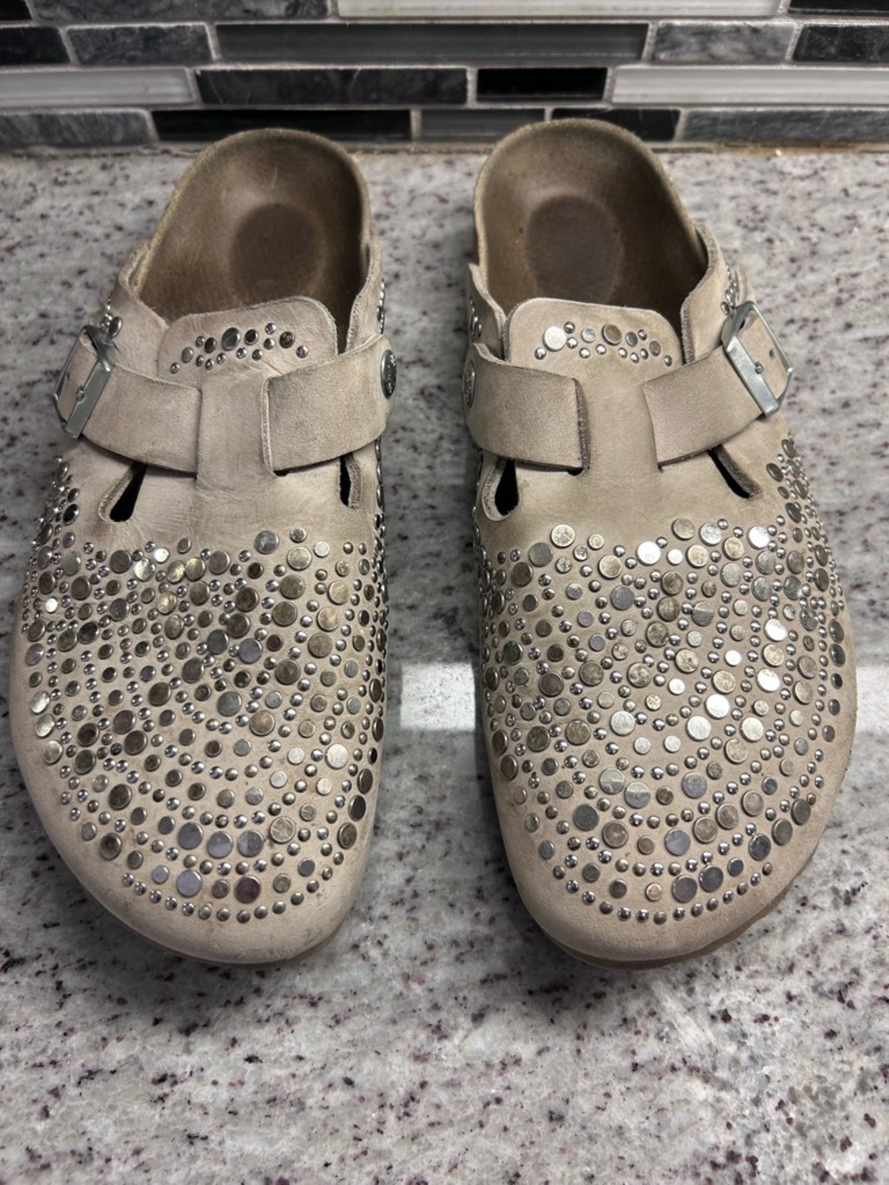 Birkenstock Studded Suede Slip-On Clog in Taupe size 9